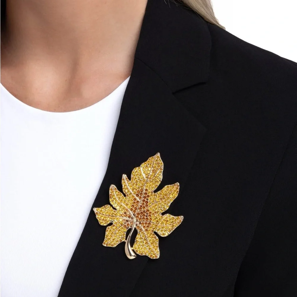Gold Leaf Brooch with Yellow and Brown Crystals